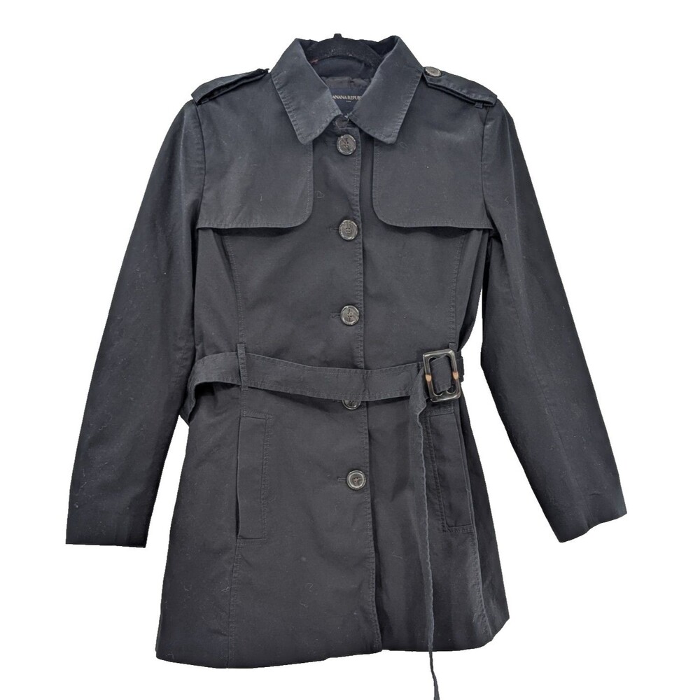 Banana Republic Black Wrap Collared Trench Coat Jacket Tortoise Buckle Size Med